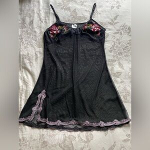 Black Mesh Floral Embroidered Babydoll Mini Slip Dress Medium Sheer Whimsigoth